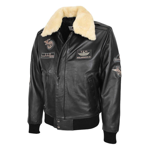 Mens Leather Jacket with Detachable Collar Pilot-N Black