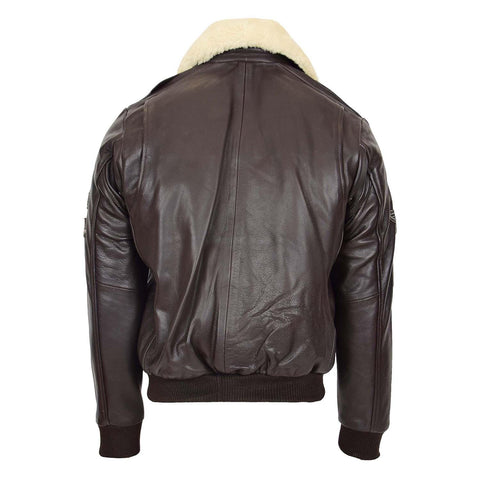 Mens Leather Jacket with Detachable Collar Pilot-N Brown