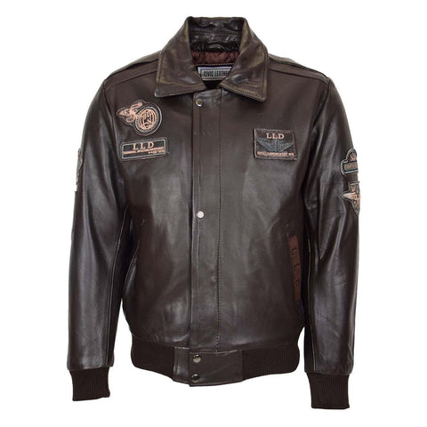 Mens Leather Jacket with Detachable Collar Pilot-N Brown