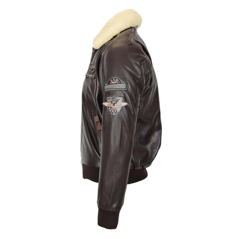 Mens Leather Jacket with Detachable Collar Pilot-N Brown