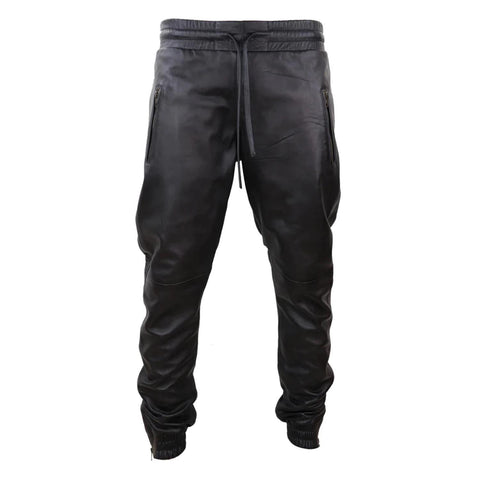 Men's Leather Jogger Jeans Elasticated Trousers Black