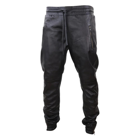 Men's Leather Jogger Jeans Elasticated Trousers Black