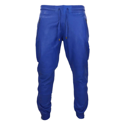 Men's Leather Jogger Jeans Elasticated Trousers Blue