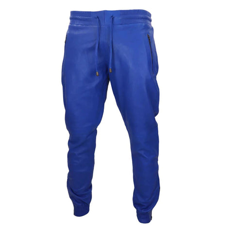 Men's Leather Jogger Jeans Elasticated Trousers Blue