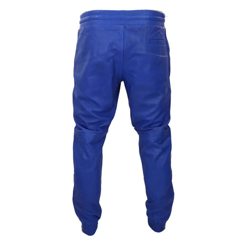 Men's Leather Jogger Jeans Elasticated Trousers Blue