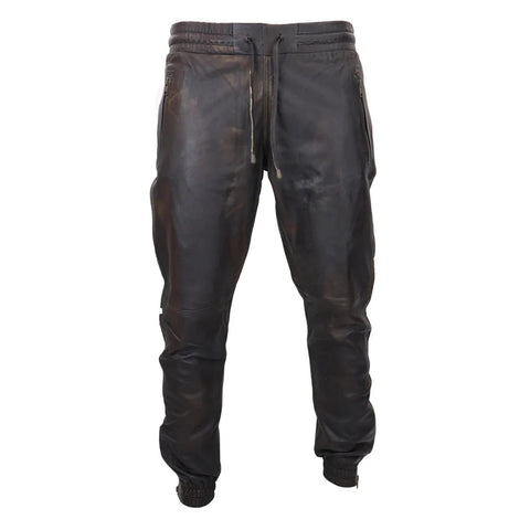 Men's Leather Jogger Jeans Elasticated Trousers Brown