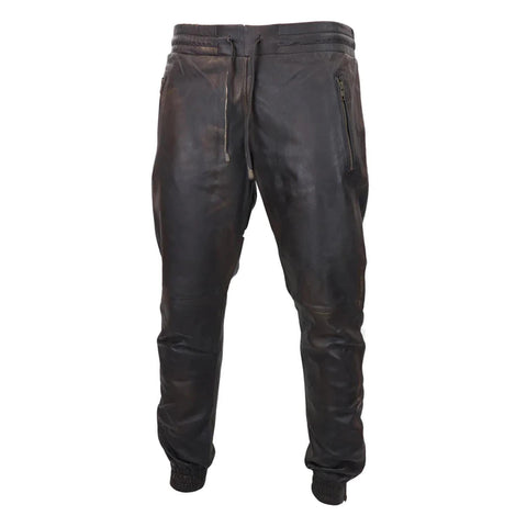 Men's Leather Jogger Jeans Elasticated Trousers Brown