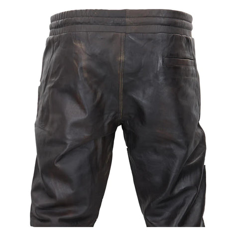 Men's Leather Jogger Jeans Elasticated Trousers Brown