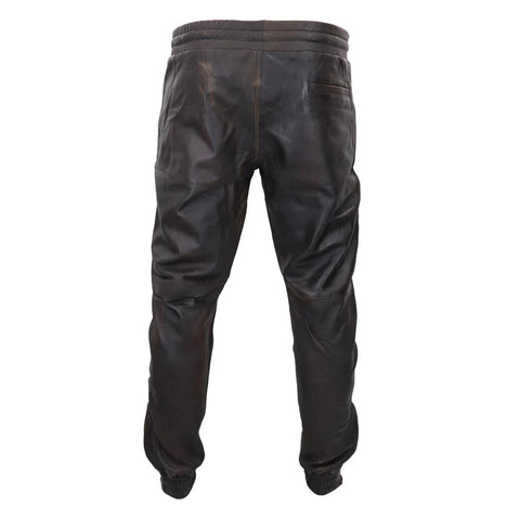 Men's Leather Jogger Jeans Elasticated Trousers Brown