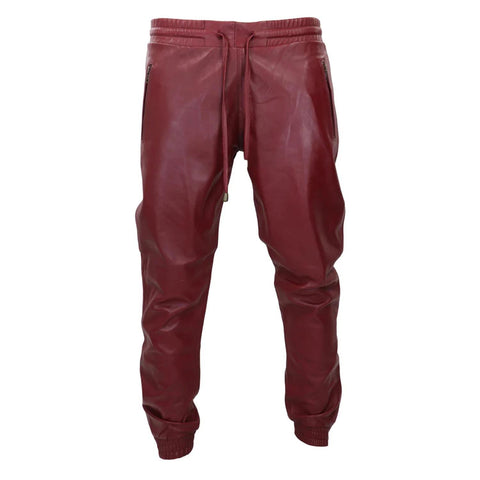 Men's Leather Jogger Jeans Elasticated Trousers Burgundy