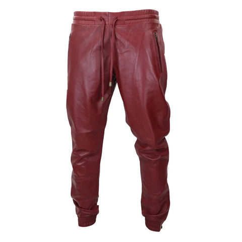 Men's Leather Jogger Jeans Elasticated Trousers Burgundy