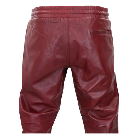 Men's Leather Jogger Jeans Elasticated Trousers Burgundy