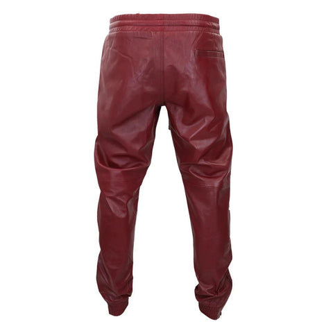 Men's Leather Jogger Jeans Elasticated Trousers Burgundy