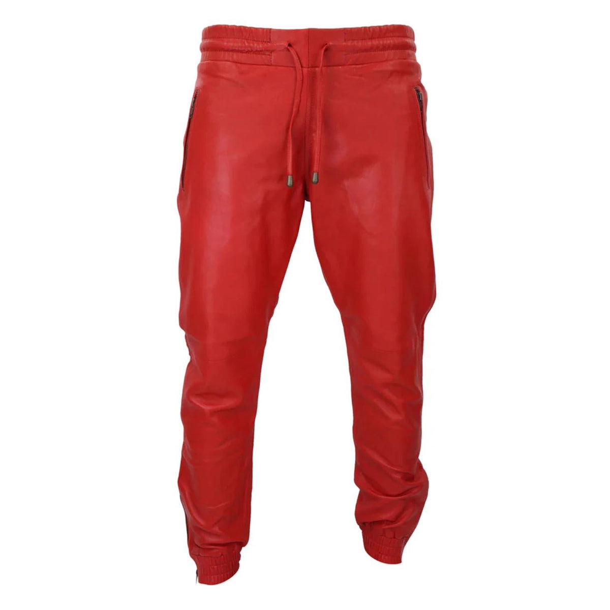 Men's Leather Jogger Jeans Elasticated Trousers Red