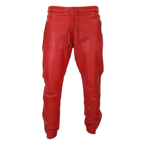 Men's Leather Jogger Jeans Elasticated Trousers Red