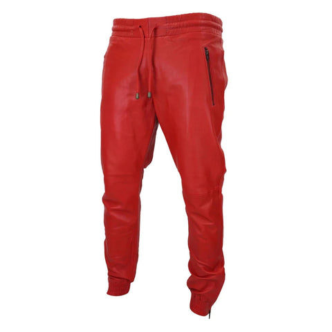 Men's Leather Jogger Jeans Elasticated Trousers Red