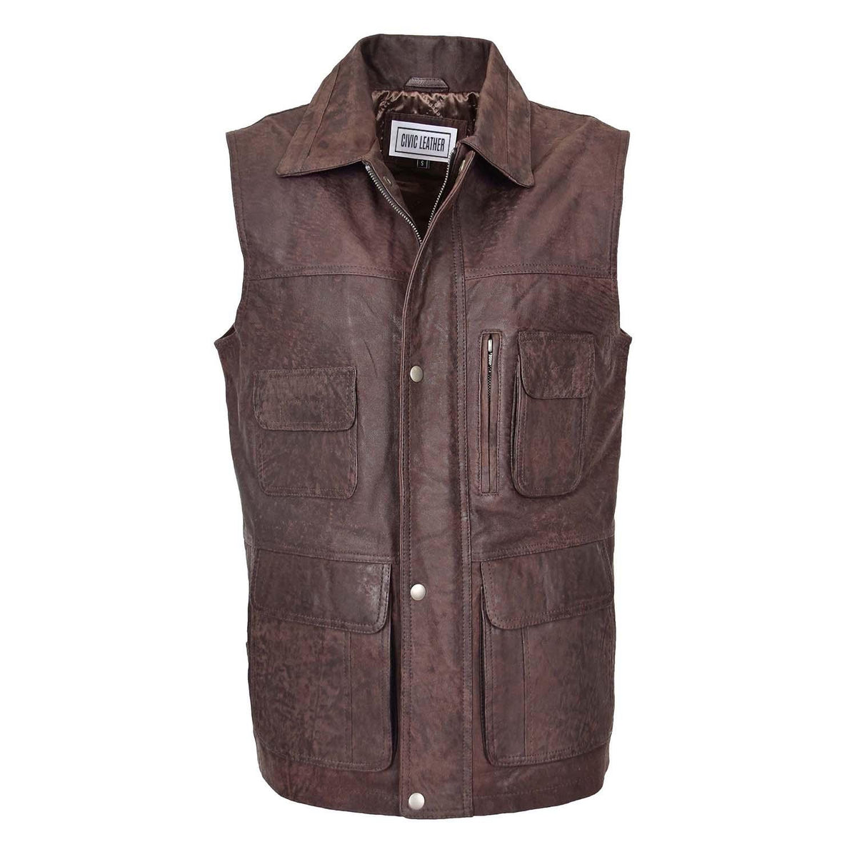 Mens Leather Multi Purpose Gilet Roger Brown