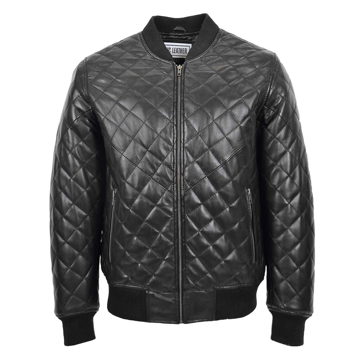 Mens Leather Quilted Bomber Jacket Warren Black