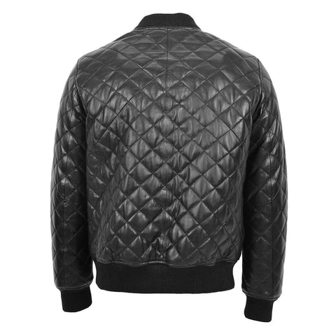 Mens Leather Quilted Bomber Jacket Warren Black