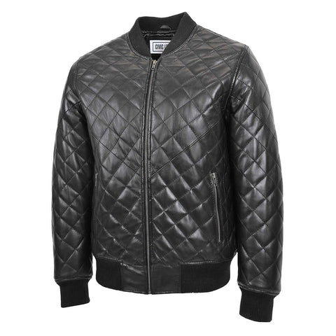 Mens Leather Quilted Bomber Jacket Warren Black