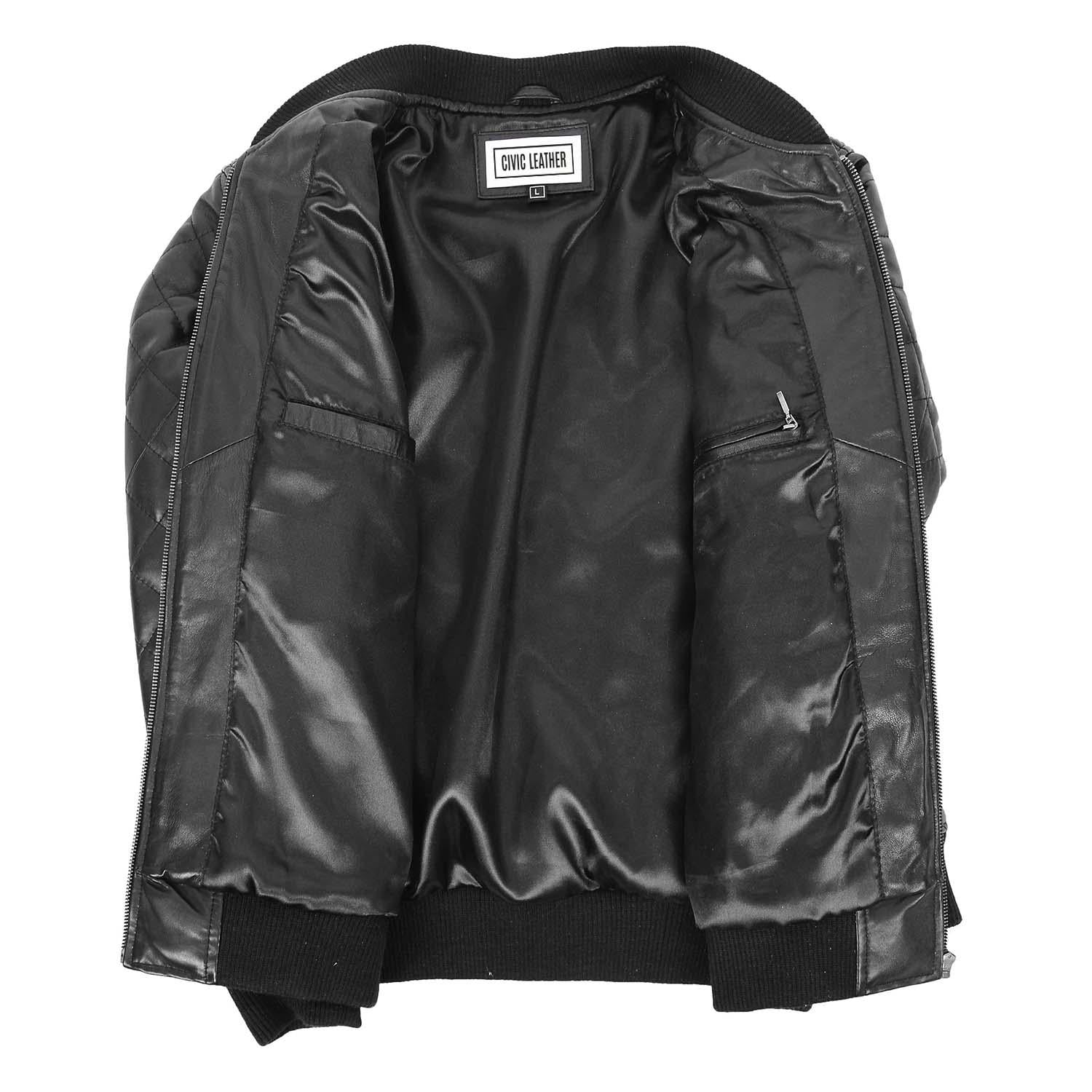 Mens Leather Quilted Bomber Jacket Warren Black