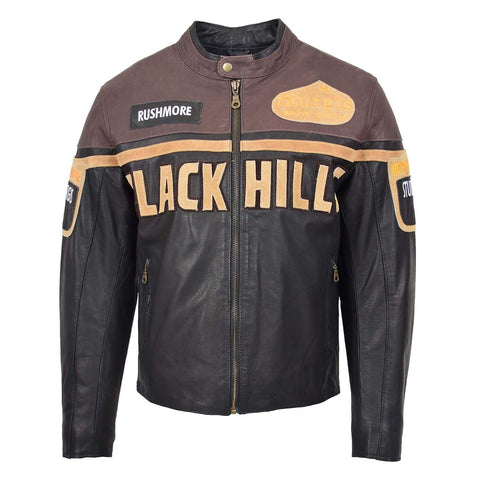 Mens Leather Racing Badges Jacket 'Black Hills' Brown