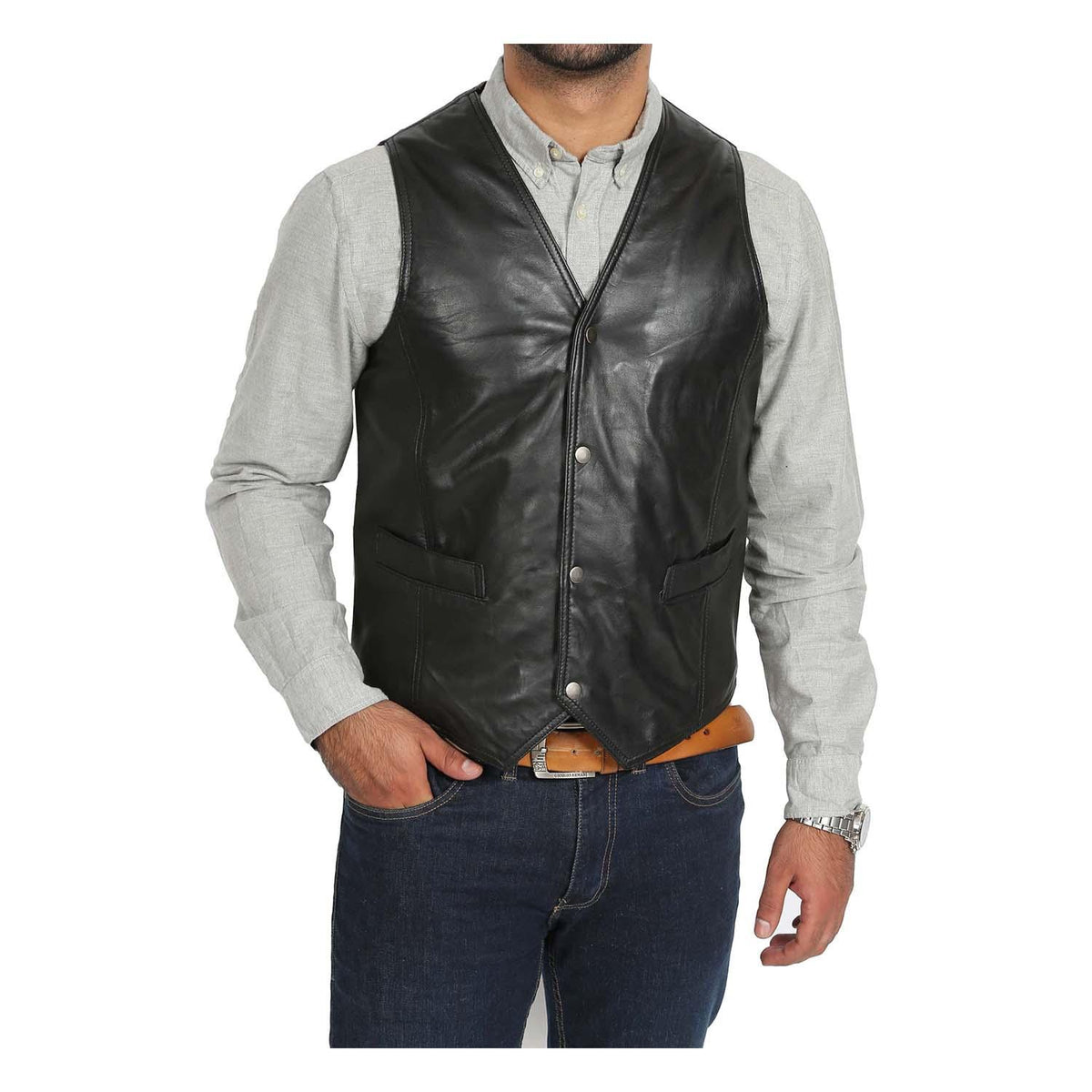 Mens Leather Traditional Waistcoat Petrelli Black