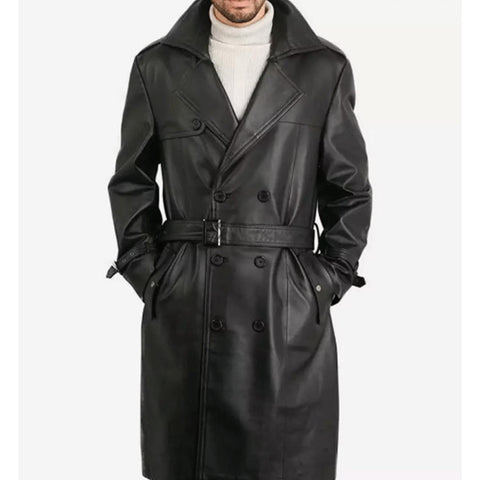 Mens Premium Double-Breasted Black Lambskin Leather Coat