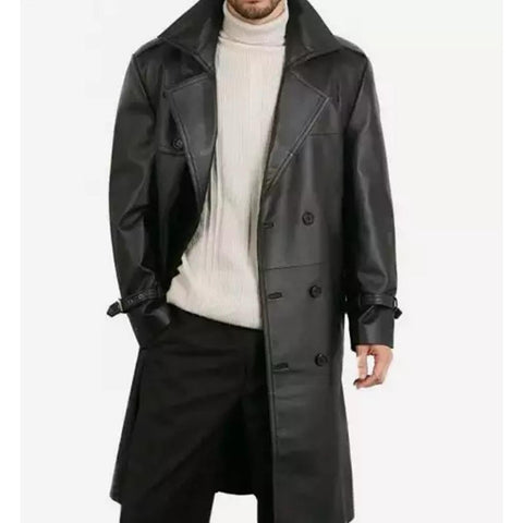 Mens Premium Double-Breasted Black Lambskin Leather Coat