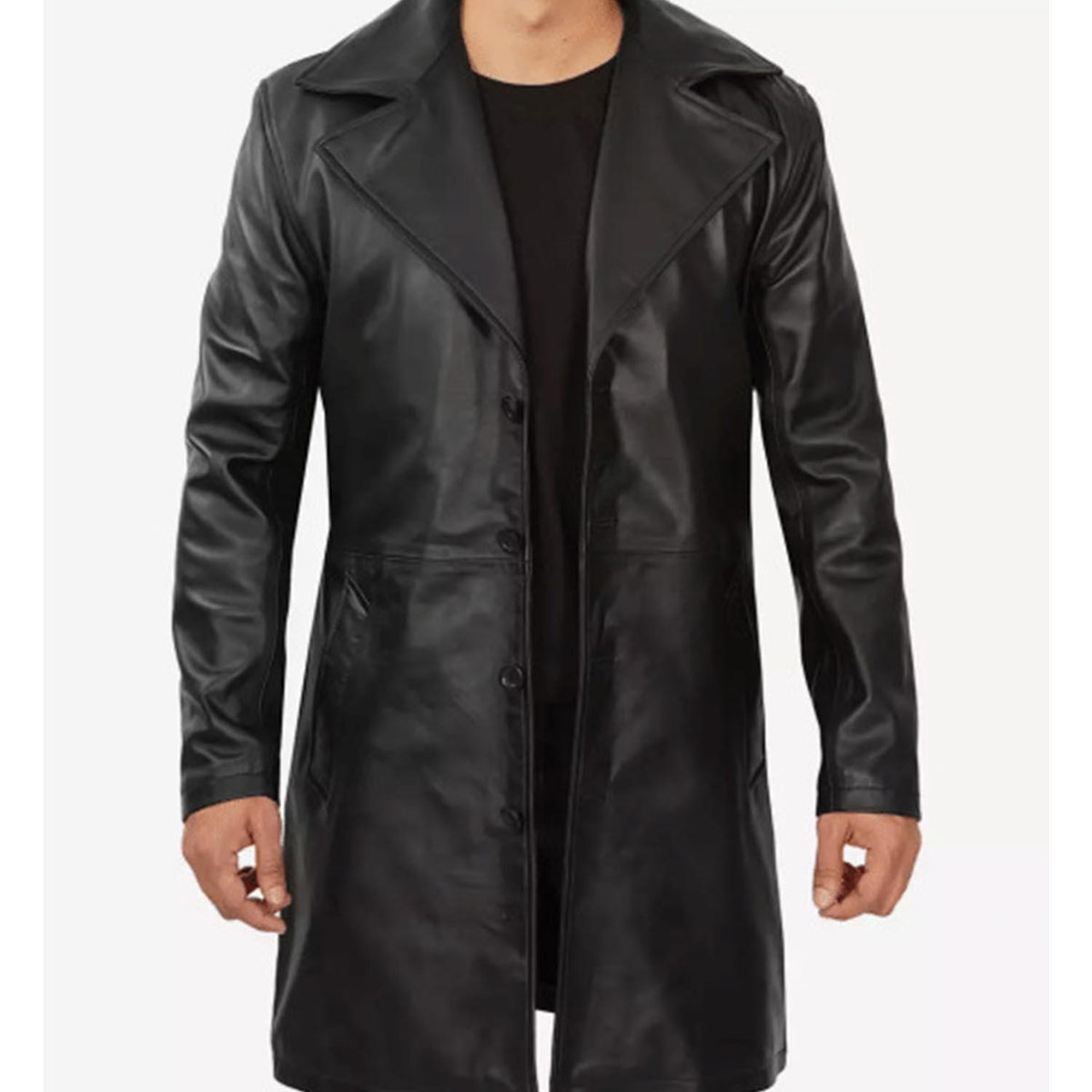 Mens Premium Lambskin Long Leather Coat Black