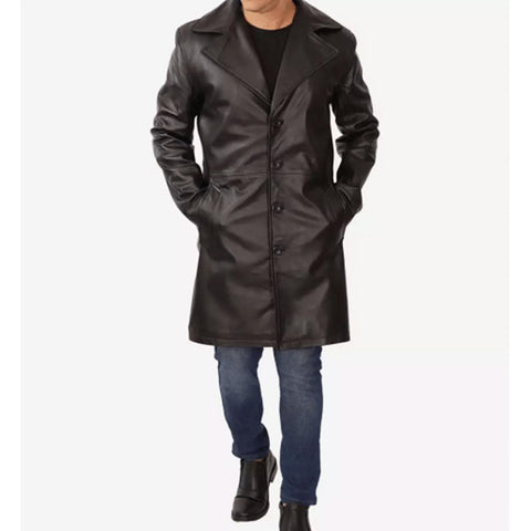 Mens Premium Lambskin Long Leather Coat Black