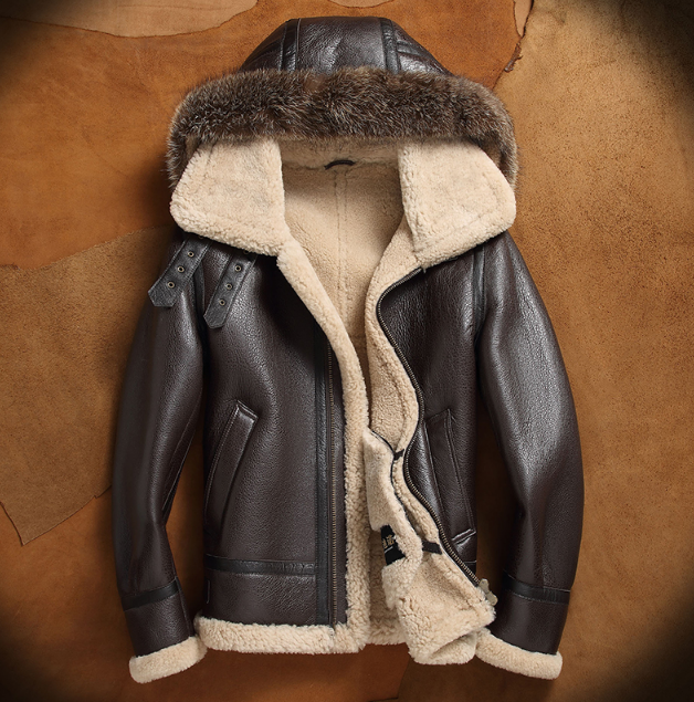 Mens RAF Sheepskin Jacket With Removable Hood Brown