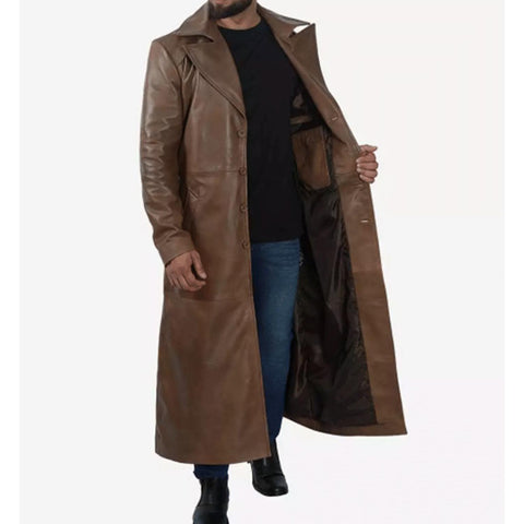 Men's Real Lambskin Leather Full Length Brown Trench Coat