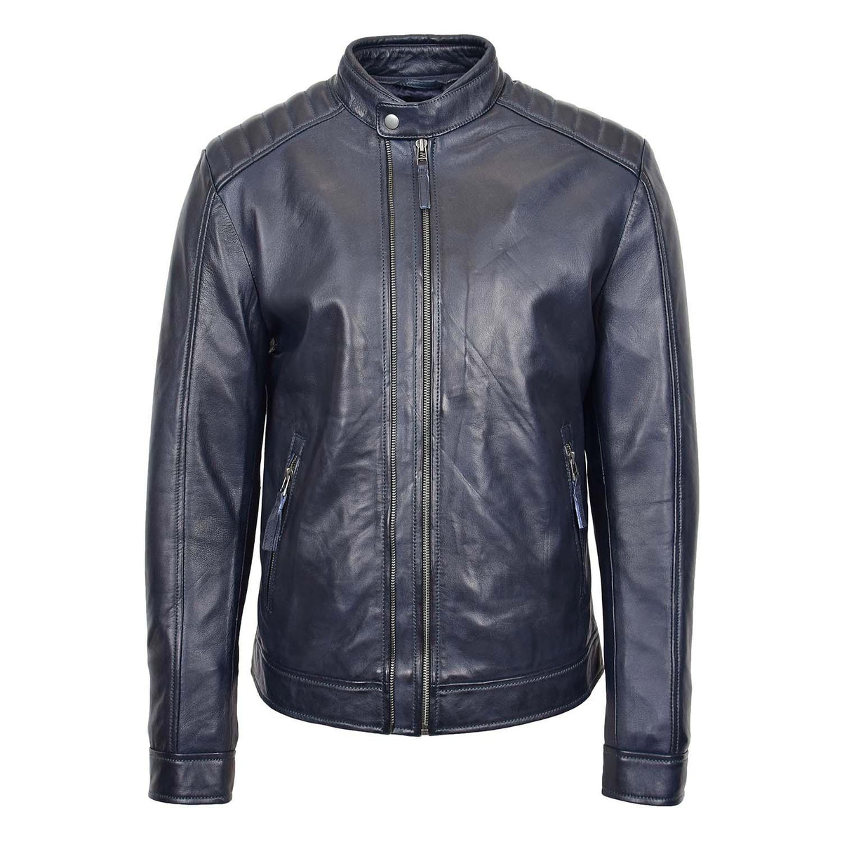 Mens Real Leather Biker Jacket Archie Navy Blue