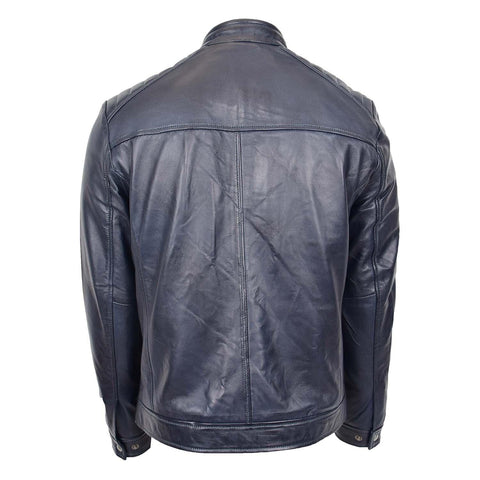 Mens Real Leather Biker Jacket Archie Navy Blue