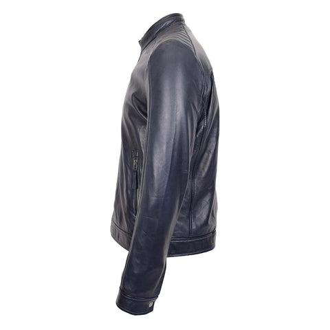 Mens Real Leather Biker Jacket Archie Navy Blue