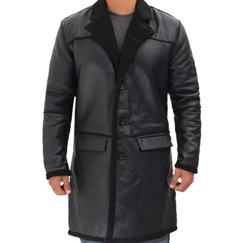 Mens Real Leather Black Shearling Long Length Coat