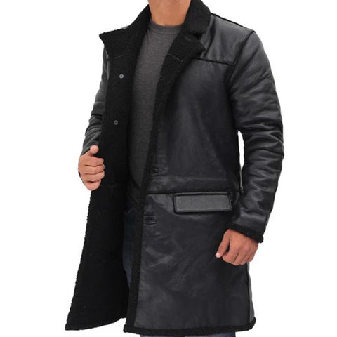 Mens Real Leather Black Shearling Long Length Coat