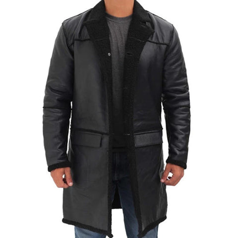 Mens Real Leather Black Shearling Long Length Coat