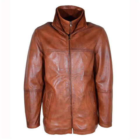 Mens Real Leather Coat Detachable Collar Lining George Cognac