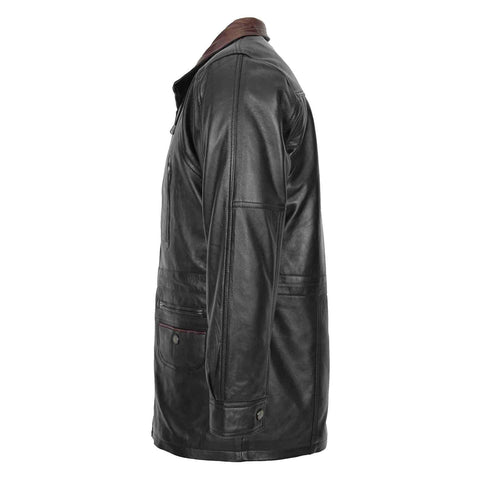 Mens Leather Winter Car Coat Hip Length Jason Black Brown Trim