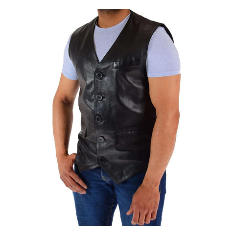 Mens Real Leather Gilet Vest Waistcoat SAM Black