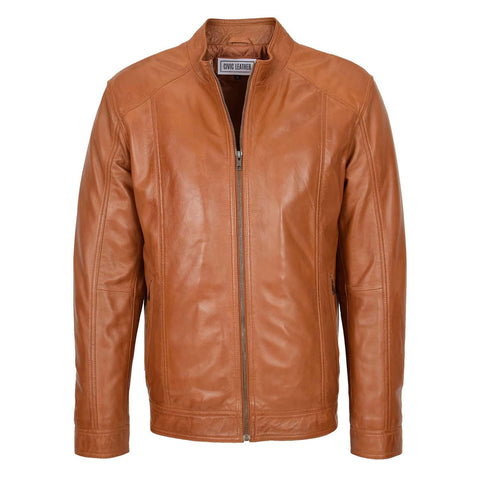 Mens Soft Leather Casual Plain Zip Jacket Matt Tan