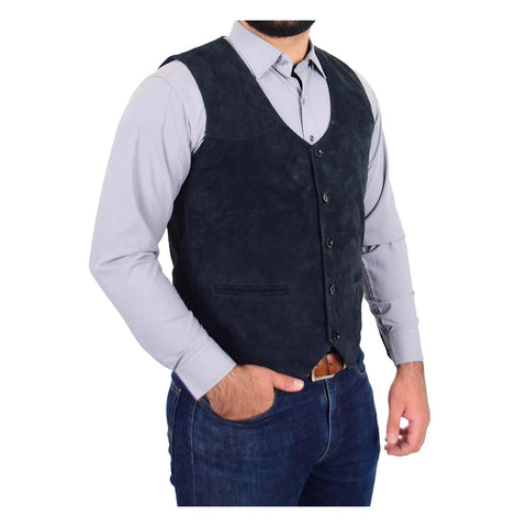 Mens Suede Button Fastening Waistcoat Don Navy