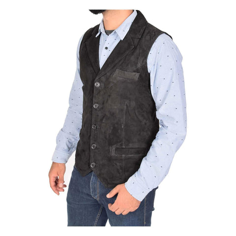 Mens Suede Buttoned Waistcoat Gilet Devin Black