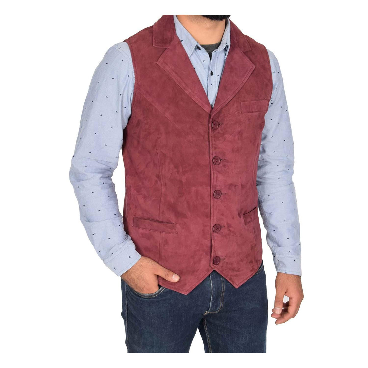 Mens Suede Buttoned Waistcoat Gilet Devin Burgundy