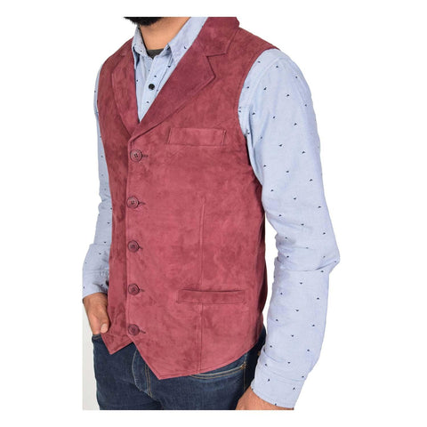 Mens Suede Buttoned Waistcoat Gilet Devin Burgundy