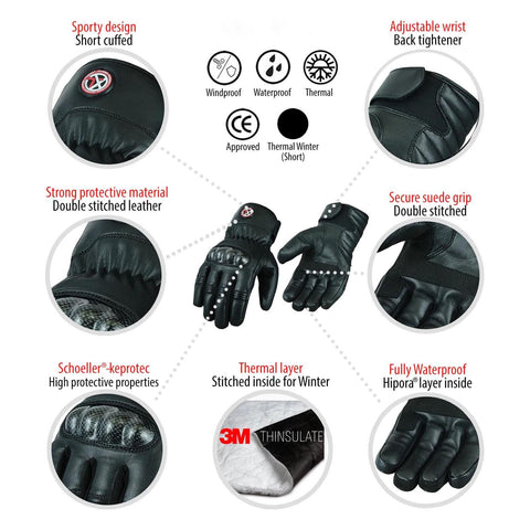 Motorcycle Leather Gloves Winter Thermal Waterproof Black