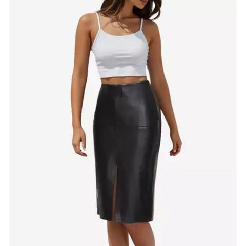 Womens Black Knee Length Leather Pencil Skirt