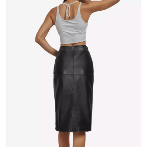 Womens Black Knee Length Leather Pencil Skirt